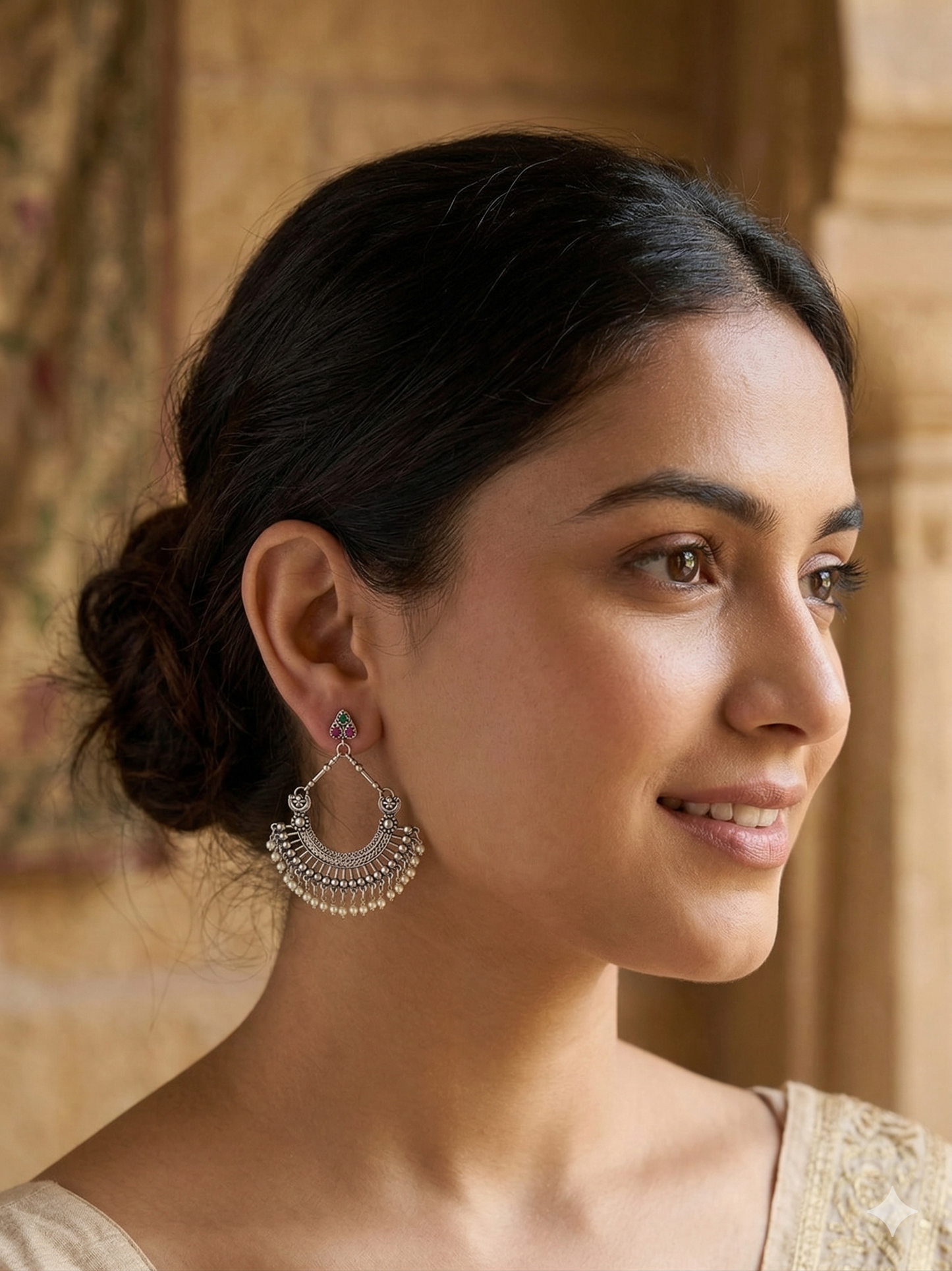 Vintage Style Silver Tone Chandbali Hoop Earrings for Women