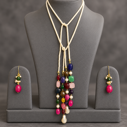 Shell pearl double string mala and multi colour gemstone Lariat set with earrings