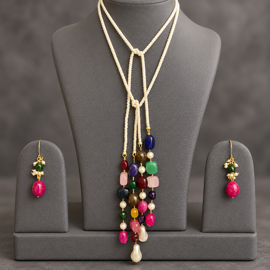 Shell pearl double string mala and multi colour gemstone Lariat set with earrings