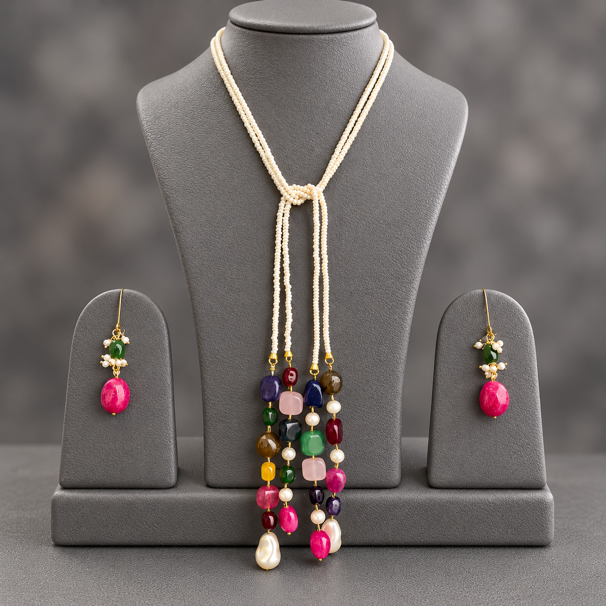 Shell pearl double string mala and multi colour gemstone Lariat set with earrings
