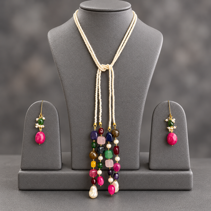 Shell pearl double string mala and multi colour gemstone Lariat set with earrings
