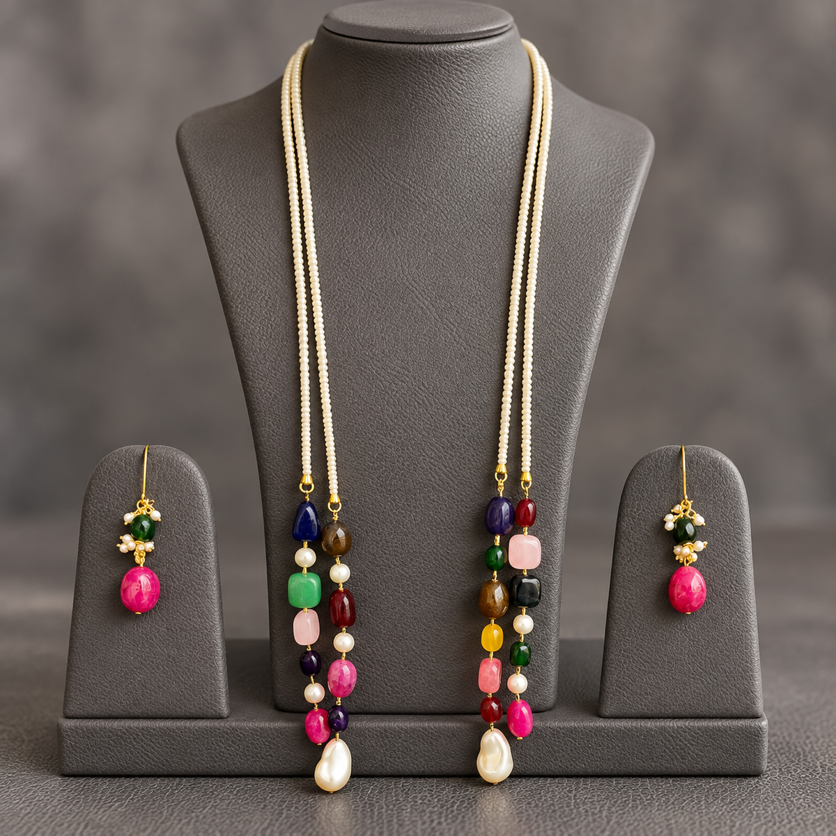 Shell pearl double string mala and multi colour gemstone Lariat set with earrings