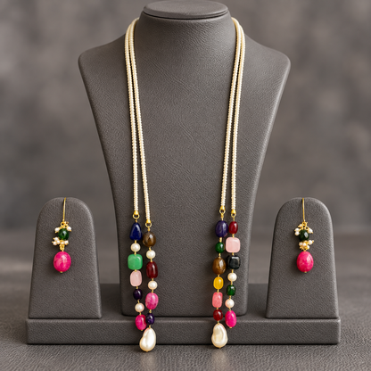 Shell pearl double string mala and multi colour gemstone Lariat set with earrings
