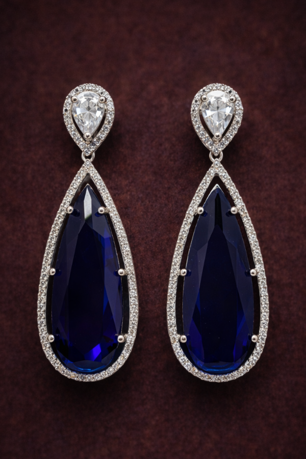 Blue Sapphire American Diamond Teardrop Earrings