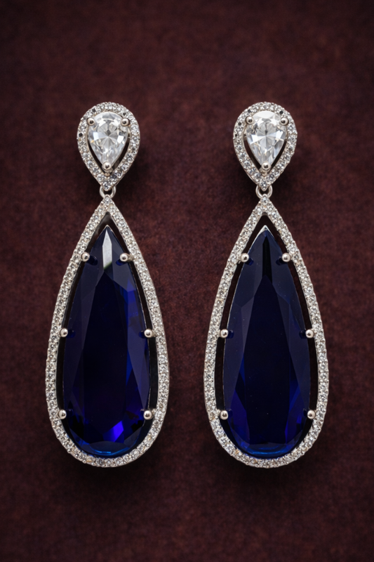 Blue Sapphire American Diamond Teardrop Earrings