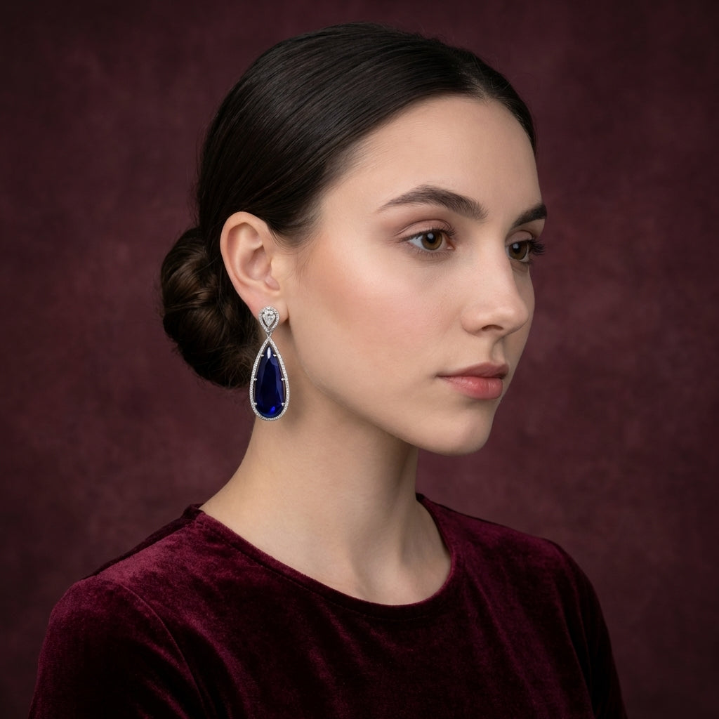 Blue Sapphire American Diamond Teardrop Earrings