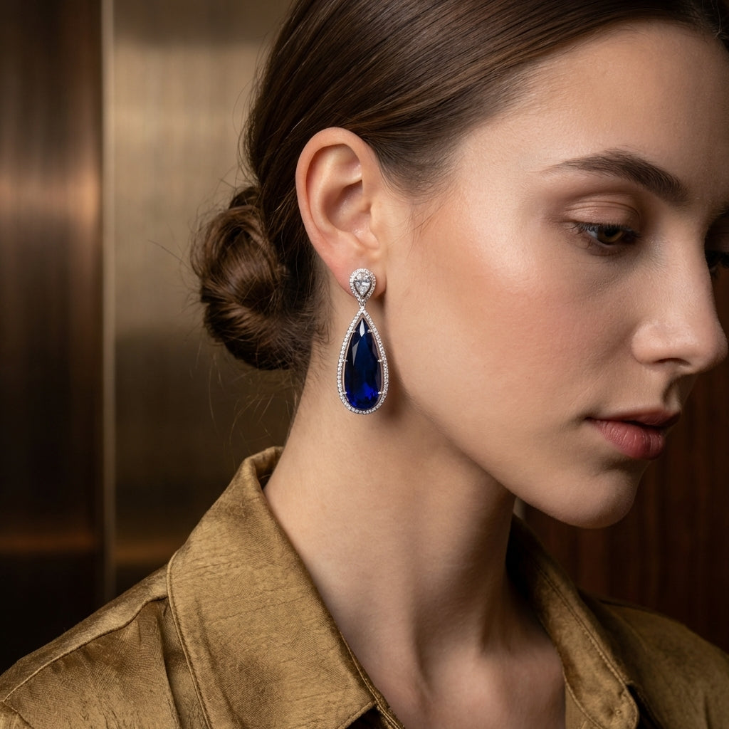 Blue Sapphire American Diamond Teardrop Earrings