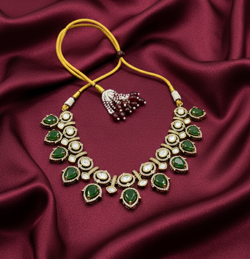 Royal Emerald Green Kundan Necklace Set With Polki Antique Gold Finish