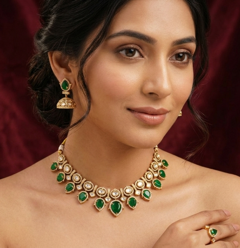 Royal Emerald Green Kundan Necklace Set With Polki Antique Gold Finish