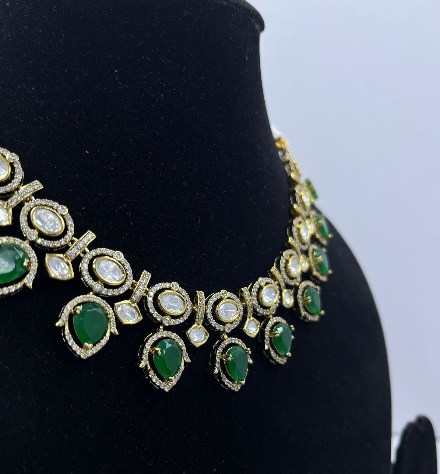 Royal Emerald Green Kundan Necklace Set With Polki Antique Gold Finish