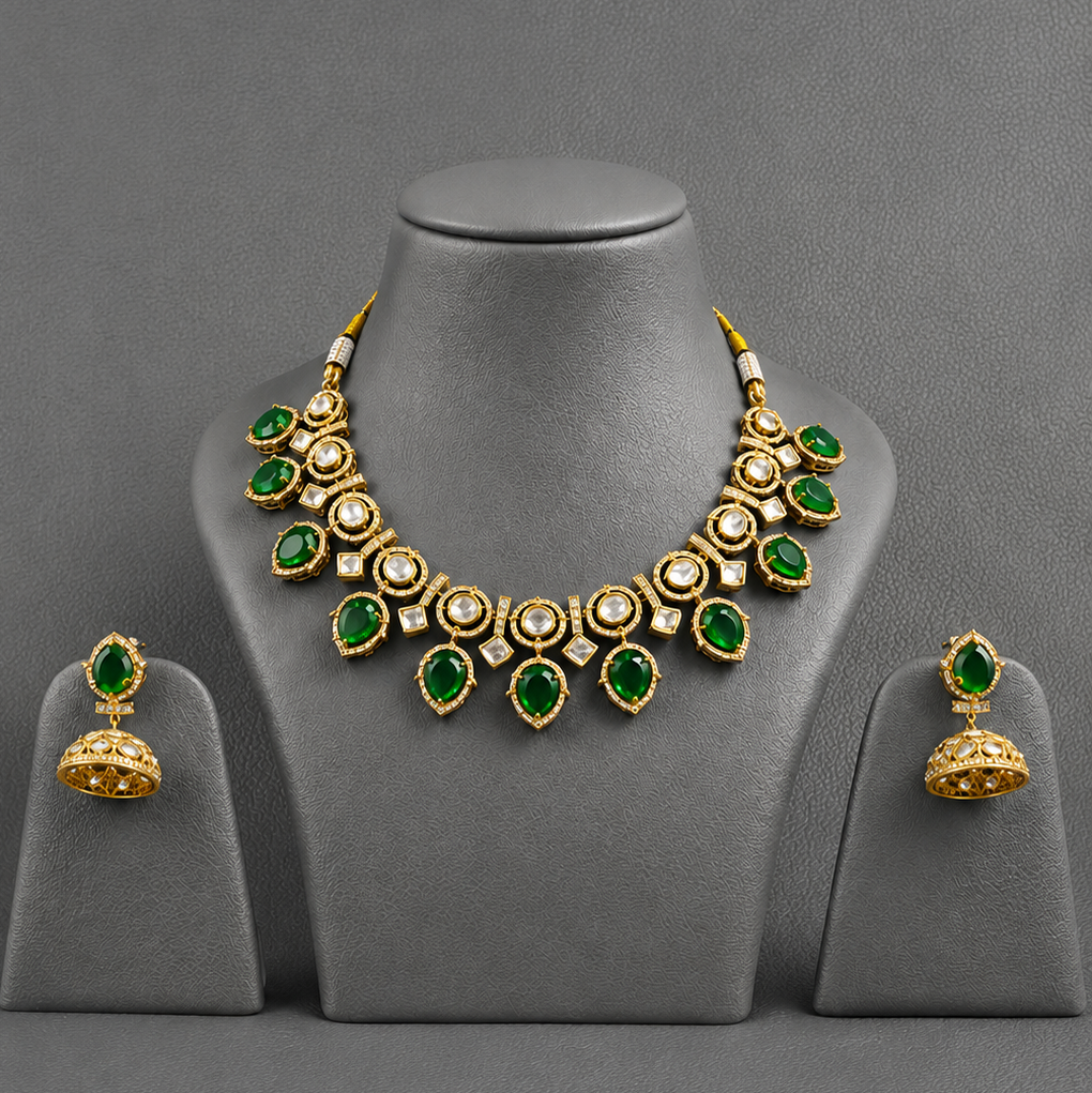 Royal Emerald Green Kundan Necklace Set With Polki Antique Gold Finish