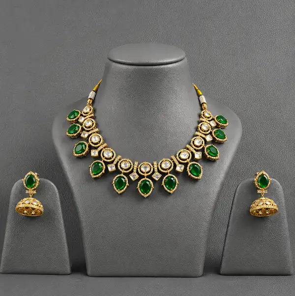 Royal Emerald Green Kundan Necklace Set With Polki Antique Gold Finish