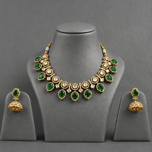 Antique Gold Polki Kundan Bridal Set | Emerald Green Leaf Stones