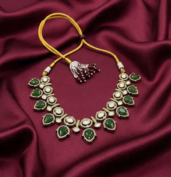 Royal Emerald Green Kundan Necklace Set With Polki Antique Gold Finish