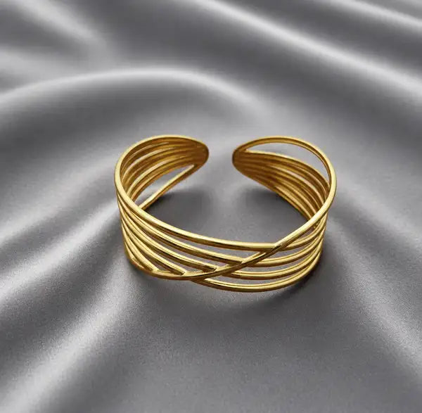 Gold Plated Layered Multi-Strand Open Cuff Bracelet