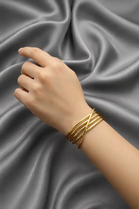 Gold Plated Layered Multi-Strand Open Cuff Bracelet