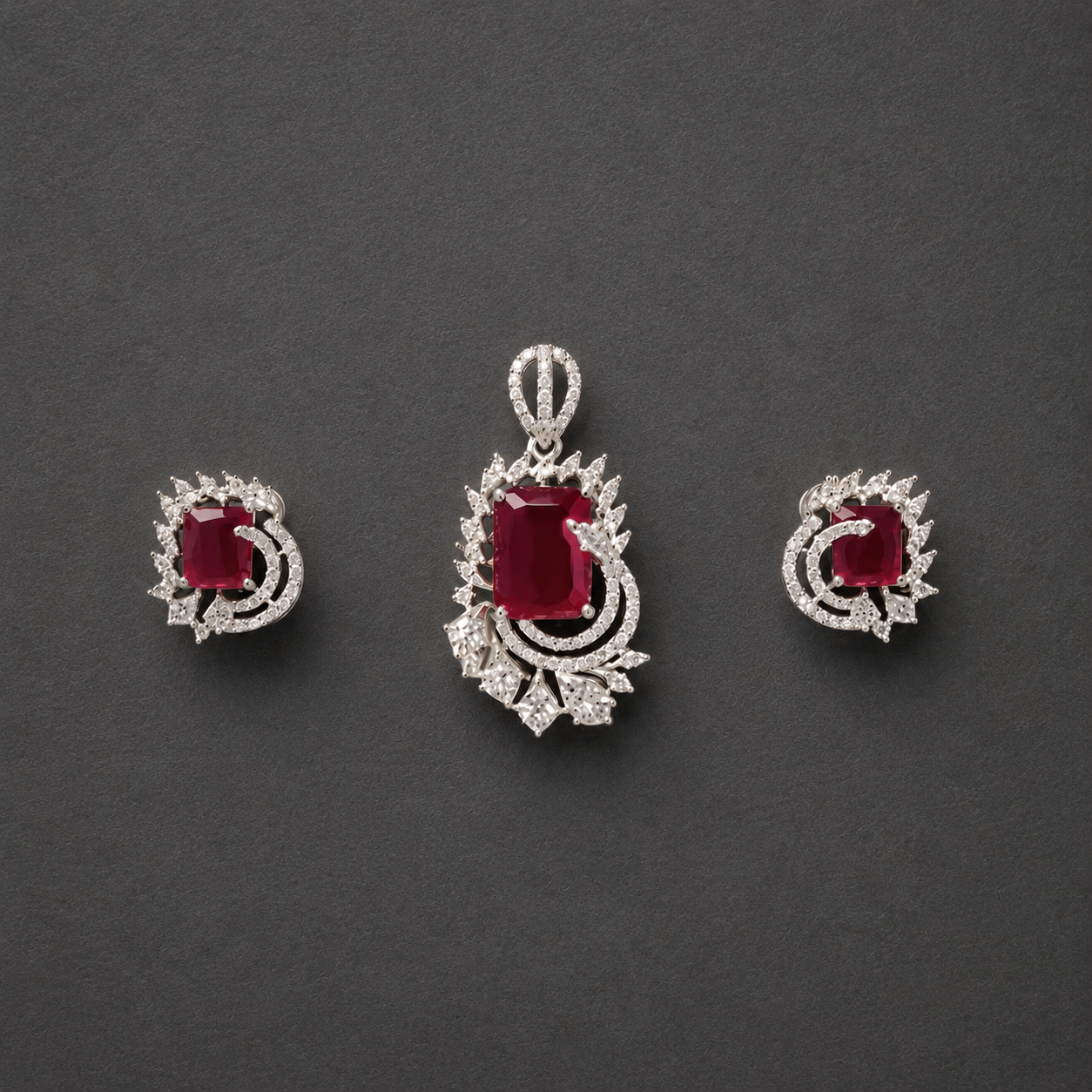Ruby Red Emerald Cut Cz Pendant And Earrings Set In Sterling Silver