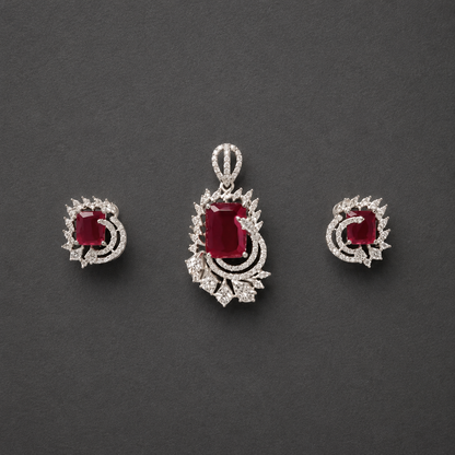 Ruby Red Emerald Cut AD Pendant And Earrings Set In Sterling Silver