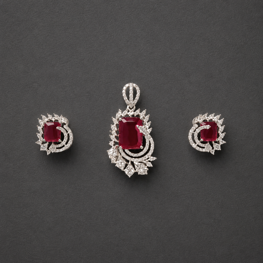 Ruby Red Emerald Cut Cz Pendant And Earrings Set In Sterling Silver