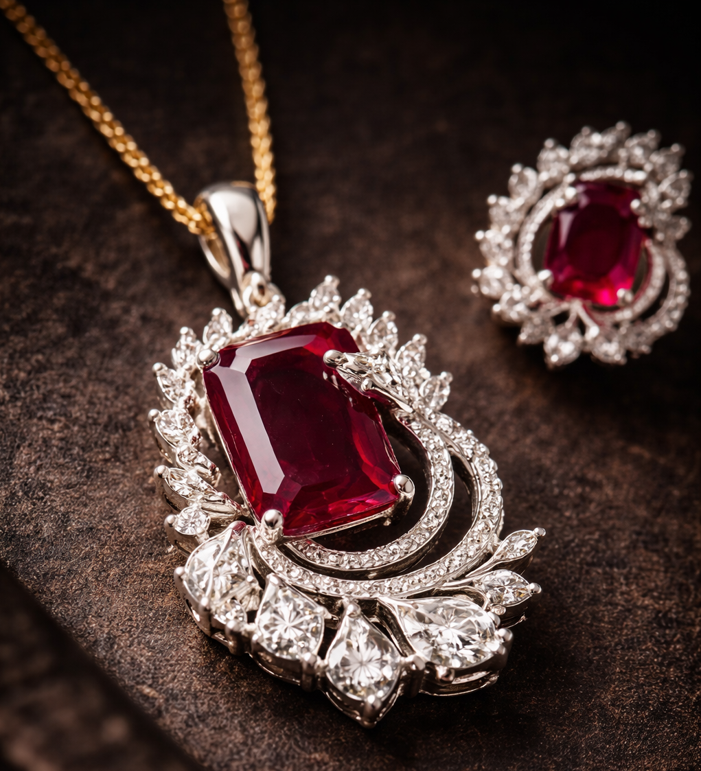 Ruby Red Emerald Cut Cz Pendant And Earrings Set In Sterling Silver
