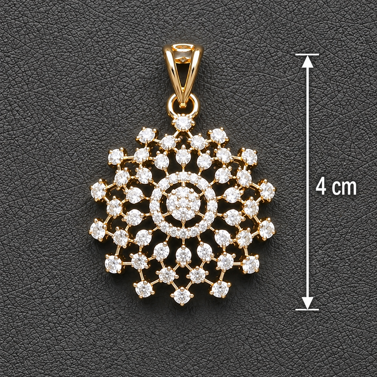 Extreme close-up macro shot of the gold-tone pendant highlighting the intricate American Diamond snowflake and floral setting.