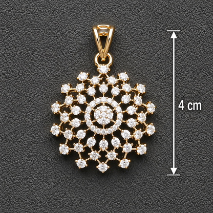 Extreme close-up macro shot of the gold-tone pendant highlighting the intricate American Diamond snowflake and floral setting.