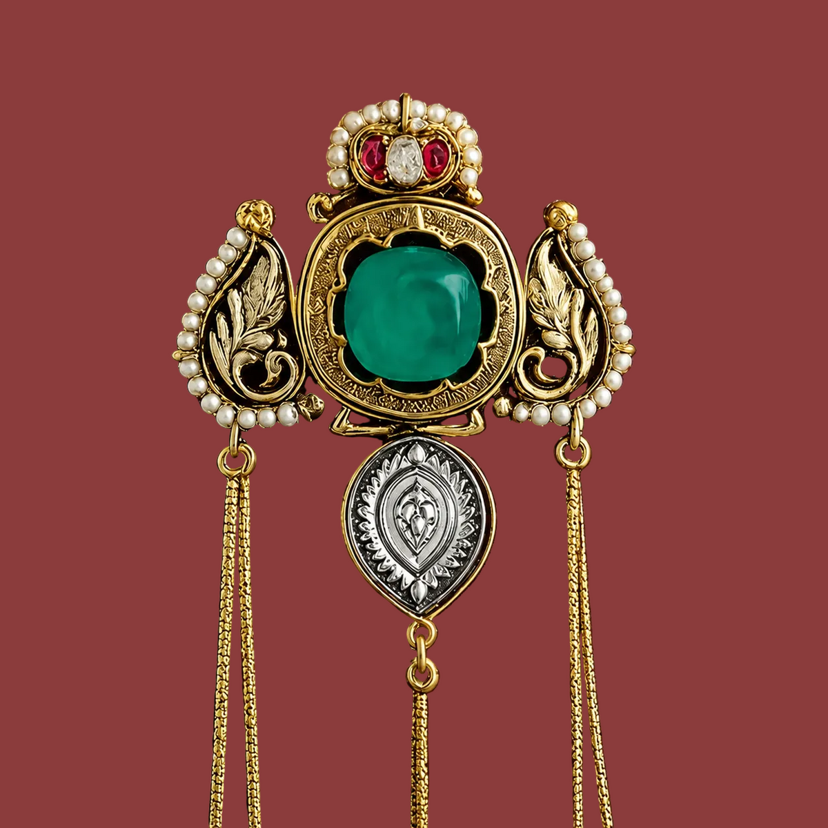 An ornate vintage-style brooch or pendant in gold-tone metal with a large green cabochon center stone, pearl-like white accents, a small red and clear stone crown detail, and dangling gold chains, displayed against a dark burgundy background.