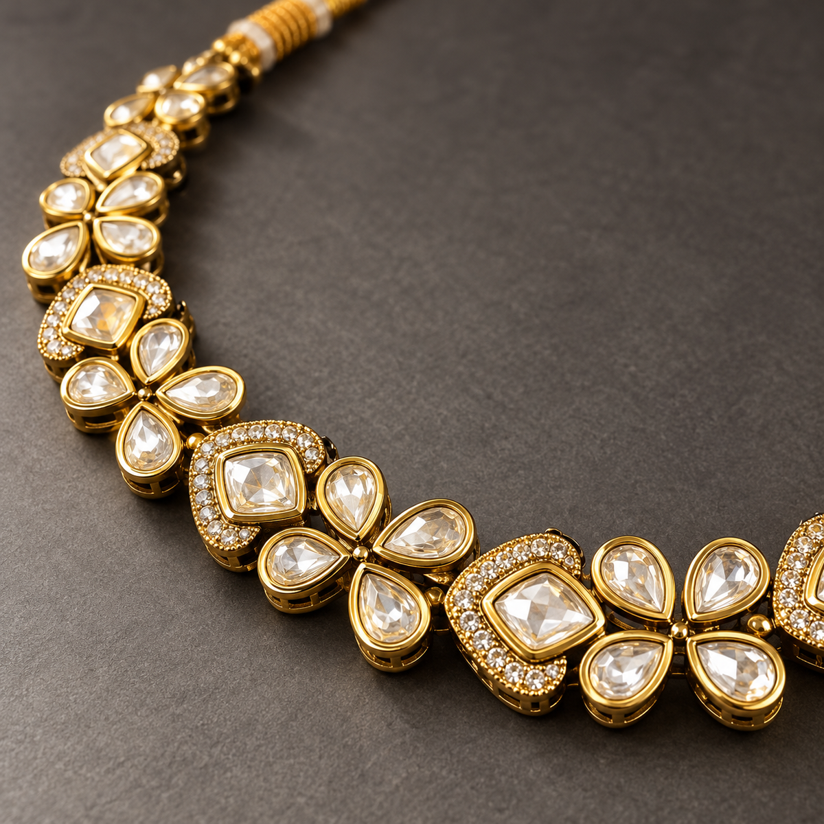 A close-up of a gold floral statement necklace with clear teardrop and square gemstones, arranged in a curved shape on a dark gray textured background.