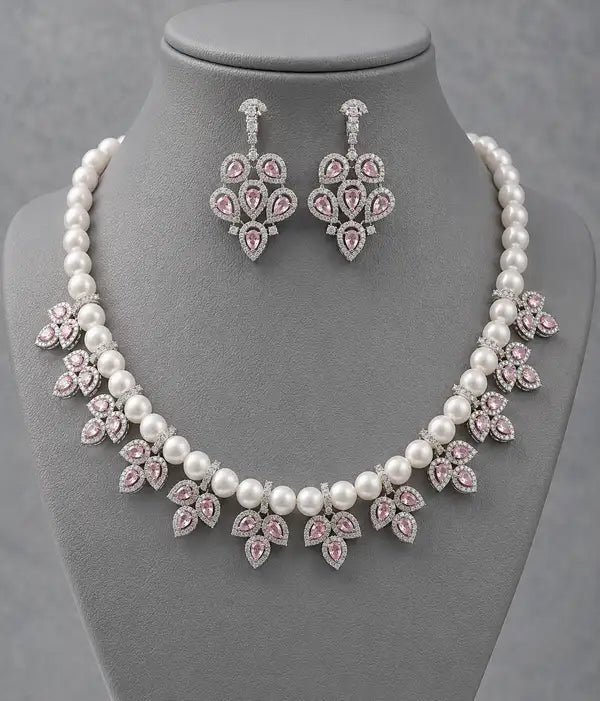 Pink Marquise cut, Handcrafted,  American Diamond and Pearl statement Necklace with Matching Earrings