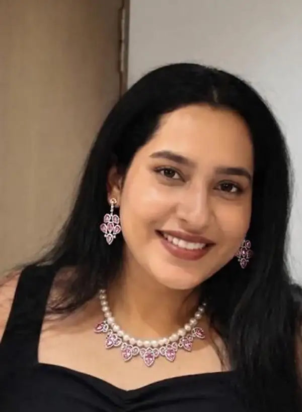 Pink Marquise cut, Handcrafted,  American Diamond and Pearl statement Necklace with Matching Earrings
