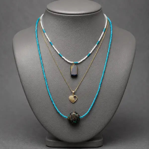 Dual-Tone Chain Necklace with Ocean Blue Beads & Gold Heart