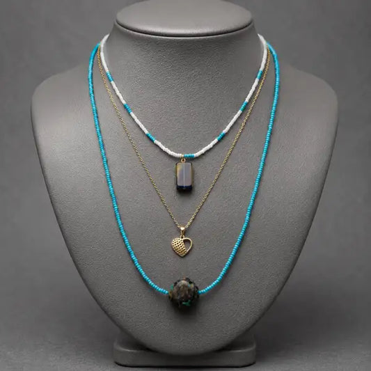 Dual-Tone Chain Necklace with Ocean Blue Beads & Gold Heart