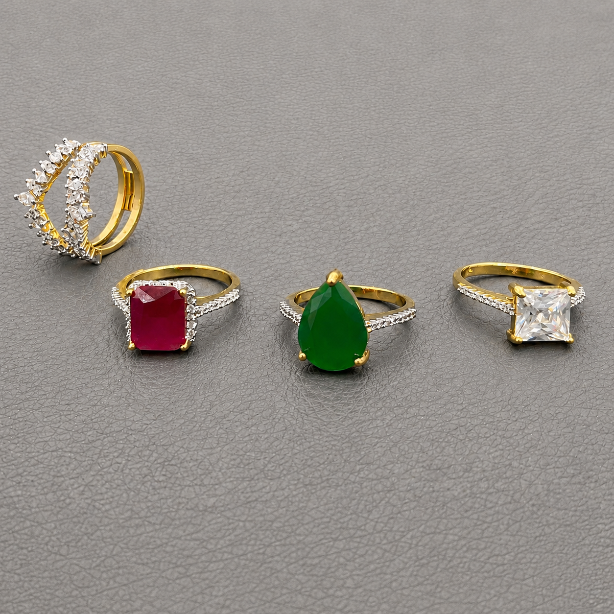 4-in-1 Interchangeable CZ Ring Set | Modular Frame Ring with 3 Detachable Gemstone Inserts – Ruby, Emerald & Diamond Look | Stackable Convertible Cocktail Ring | Customisable Statement Jewellery