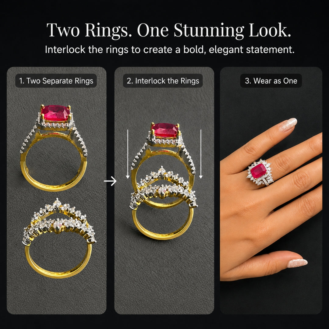 4-in-1 Interchangeable CZ Ring Set | Modular Frame Ring with 3 Detachable Gemstone Inserts – Ruby, Emerald & Diamond Look | Stackable Convertible Cocktail Ring | Customisable Statement Jewellery