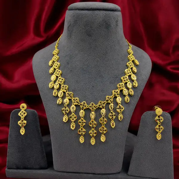 Heritage Leaf Floral 18K Gold Plated Fringe Necklace &  Dangler Earrings Set