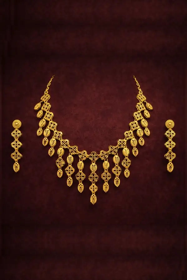 Heritage Leaf Floral 18K Gold Plated Fringe Necklace &  Dangler Earrings Set