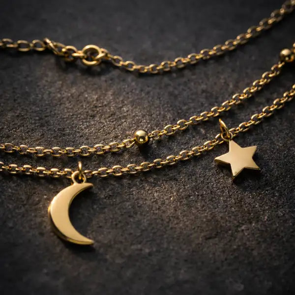 Layered Gold Moon And Star Anklet | Tarnish Resistant Minimalist Foot Jewelry