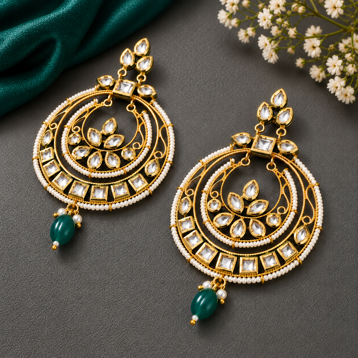 A pair of ornate gold-toned Indian-style dangle earrings with white pearl-like bead borders, clear stone details, and green bead drops, displayed on a dark gray surface with a teal fabric and small white flowers in the background.