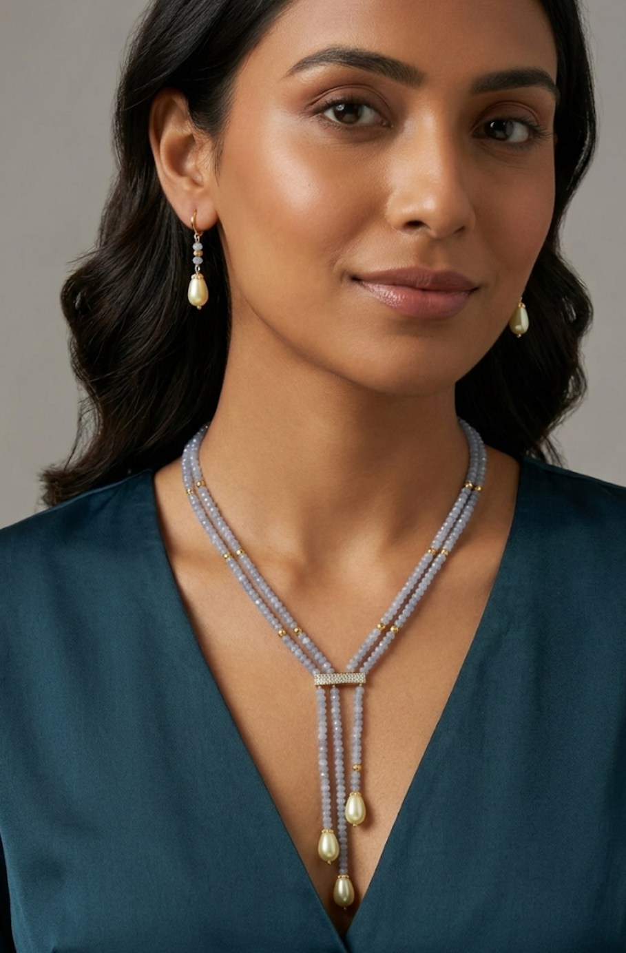 Gray Quartz And Pearl Handmade Multi Strand Gemstone Lariat Necklace Set