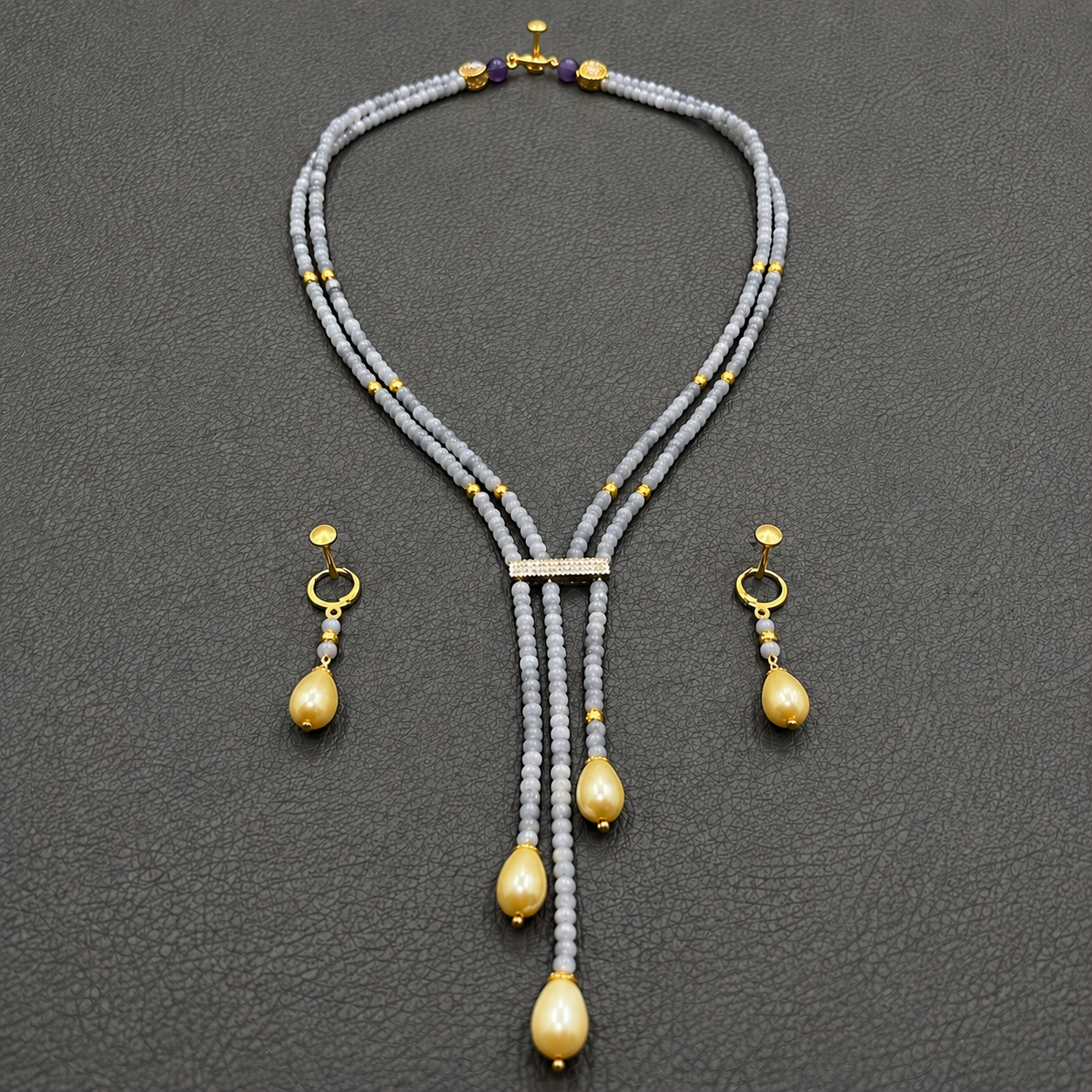 Gray Quartz And Pearl Handmade Multi Strand Gemstone Lariat Necklace Set