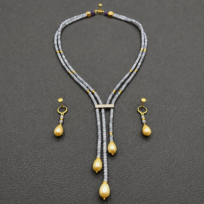Gray Quartz And Pearl Handmade Multi Strand Gemstone Lariat Necklace Set
