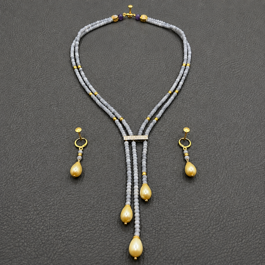 Gray Quartz And Pearl Handmade Multi Strand Gemstone Lariat Necklace Set