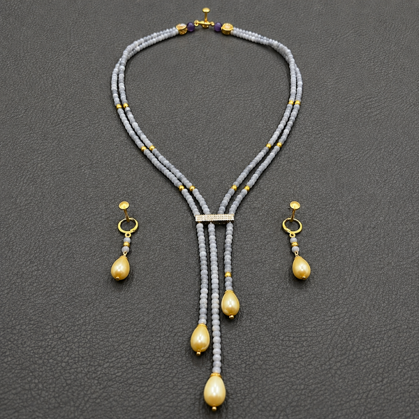 Gray Quartz And Pearl Handmade Multi Strand Gemstone Lariat Necklace Set