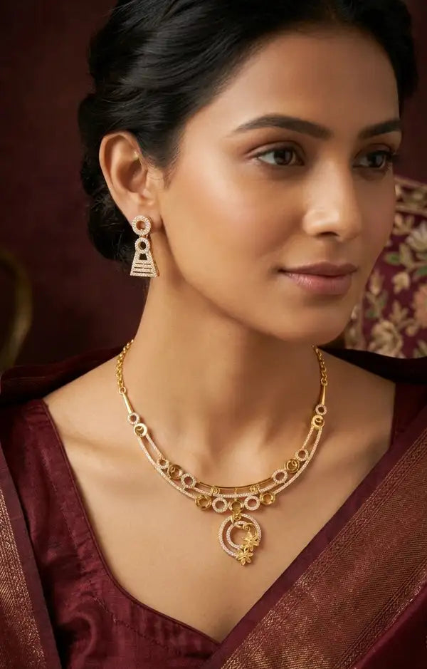 Radiant 18K Gold Plated Cz Halo Jewelry With Floral Accents And Matching Geometric Earrings