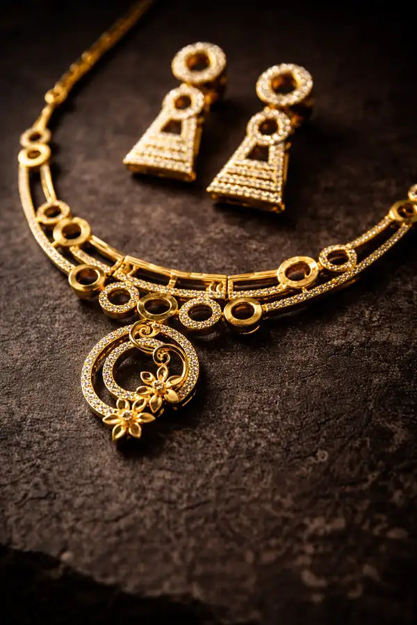 Radiant 18K Gold Plated Cz Halo Jewelry With Floral Accents And Matching Geometric Earrings