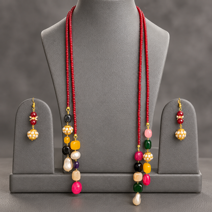 Crimson Garnet double string mala and multi colourgemstone Lariat set with earrings