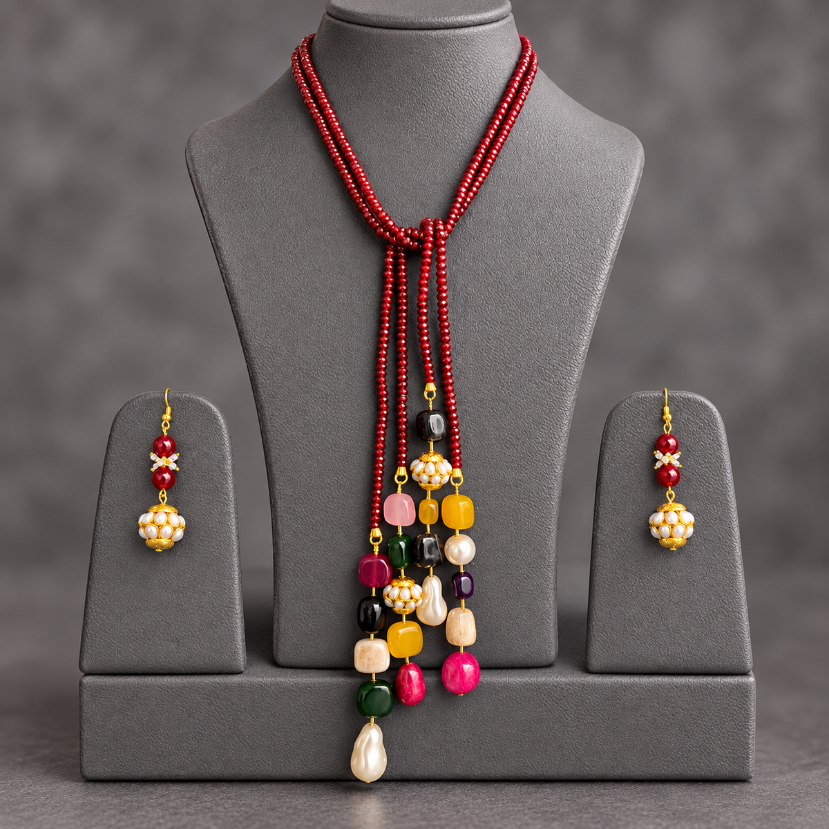 Crimson Garnet double string mala and multi colourgemstone Lariat set with earrings