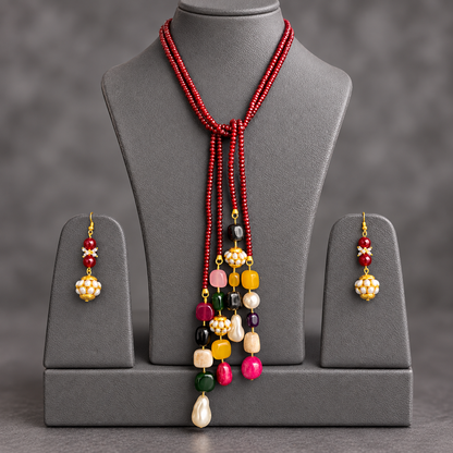 Crimson Garnet double string mala and multi colourgemstone Lariat set with earrings