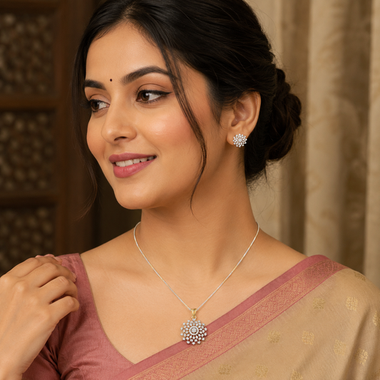 Graceful Indian model styling the gold-tone American Diamond floral pendant set with a traditional silk saree.