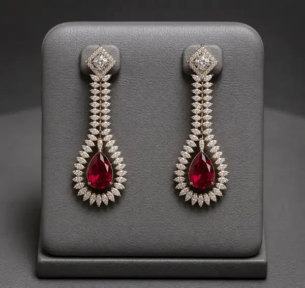 Teardrop Ruby Red Statement Dangle Earrings with Crystal Halo